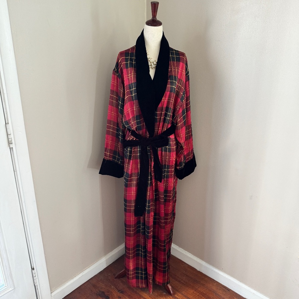 Vintage Victoria's Secret Long 100% Silk Red Black Plaid Robe with Velvet Trim M